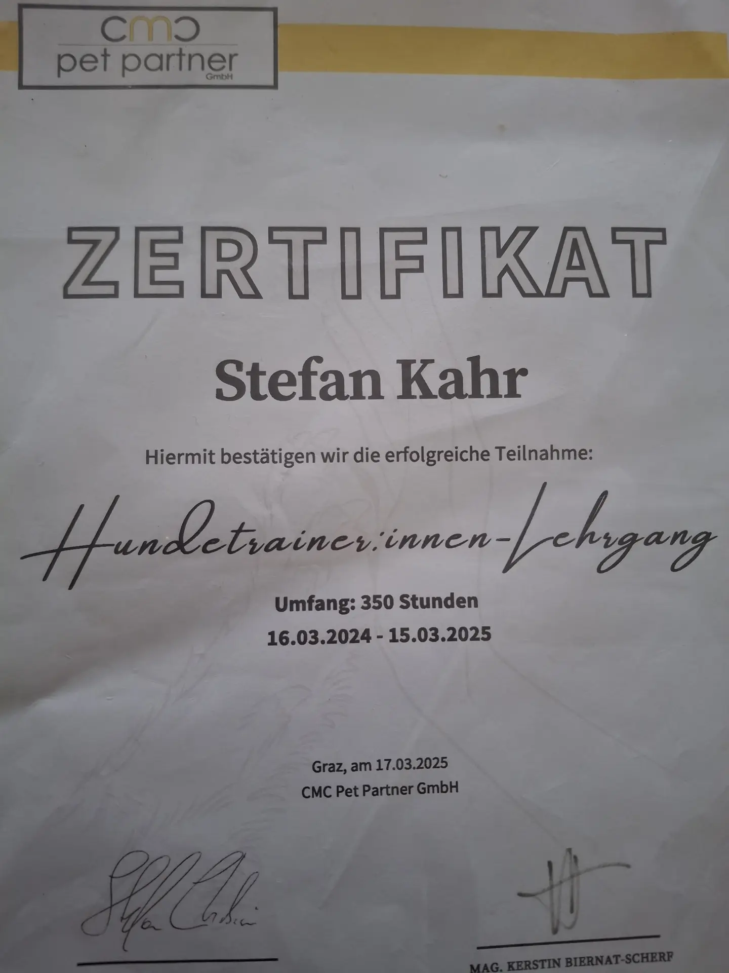 Zertifikat Hundetrainer Stefan Kahr